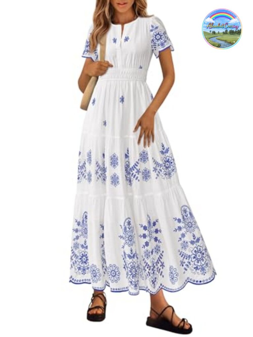 Boho Floral Maxi Dress V-Neck Tiered Cotton Short Sleeve